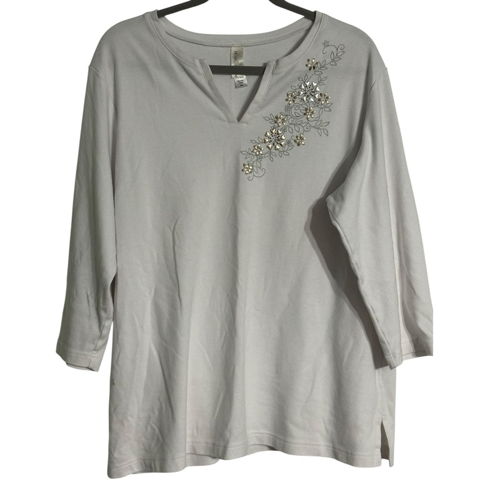 Floral Embroidered and Embellished Women's Long Sleeve Top in White